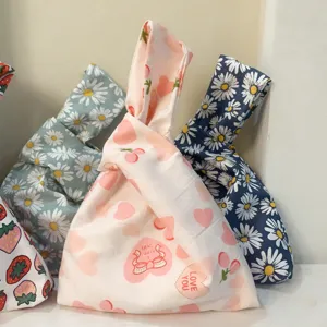 Japanese style fabric knot wrist bag cute floral heart print mini handbag casual portable purse