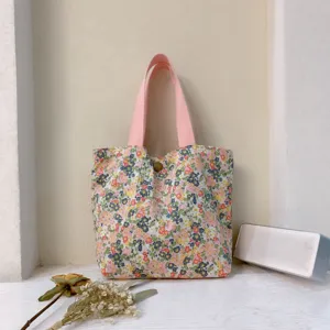 Kleine Blumen Leinen Handtasche mit rosa Riemen, süsse japanische Stofftasche für Damen.