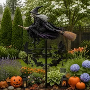 Gedetailleerd overzicht van Halloween heks tuin windspinner staak met vleermuizen en sterren.