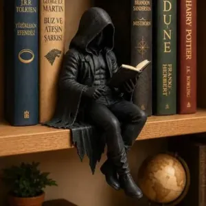 Resin hooded skeleton sitting figurine for Halloween home decor and creative holiday gift details