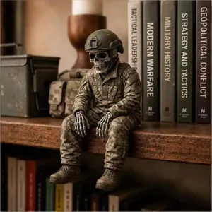 Detailed shot of resin military skeleton sitting figurine, tactical Halloween desk decor ornament.