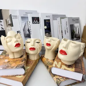 Resin human face flowerpot makeup brush holder unique boho desktop decorative planter art.