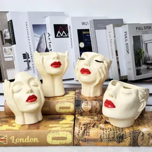 Women head shape makeup brush holder boho feminist flower vase resin desktop home decor