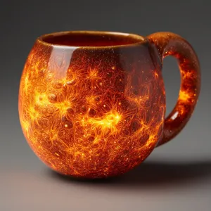 Detailed close-up view of a creative ceramic planetary coffee mug with glowing molten texture.