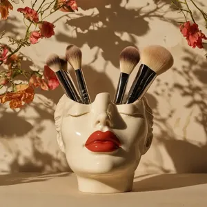 Ceramic female face makeup brush holder boho feminist desk organizer vase decor