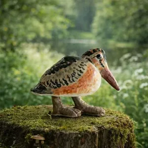 Close-up view of the resin bird figurine showcasing its detailed texture on a mossy tree stump.