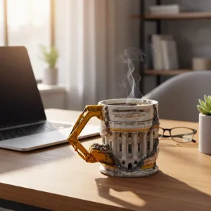 Vue détaillée de la tasse à café créative en résine d'excavatrice de démolition 3D.