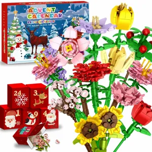Christmas flower bouquet building blocks advent calendar set, colorful toy brick floral display.