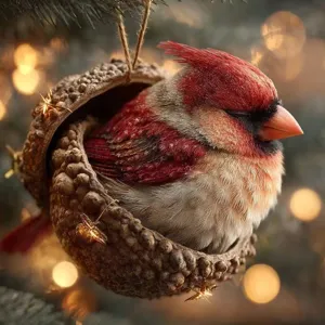 Cute Christmas tree hanging ornament featuring a cozy red cardinal bird inside a rustic pinecone shell.