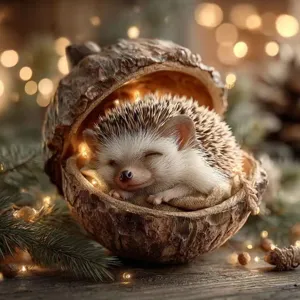 Cute sleeping hedgehog inside acorn shell ornament, warm fairy lights background detail