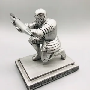 Detailed close-up of executive knight pen holder armor hero stationery desk organizer gift.