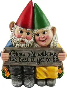 Vue détaillée de charmants gnomes de jardin en résine tenant un panneau citation romantique.