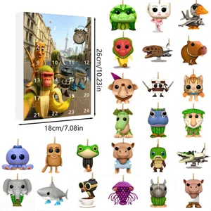 Detailed acrylic advent calendar and funny meme character hanging ornaments for holiday decor.