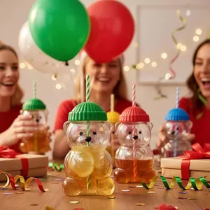 Cute teddy bear glass cup detail with colorful lid and straw, perfect for party drinks.