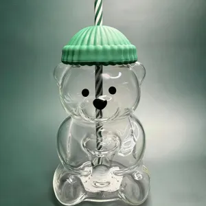 Cute Bear Shaped Glass Straw Cup Transparent Drinkware With Lid And Straw Portable Water Bottle For Daily Use