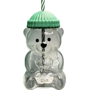 Cute teddy bear glass cup with straw and green hat lid for daily drinks main items new