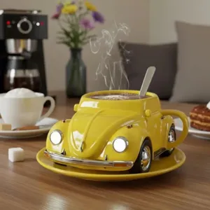 Creative yellow Beetle car shaped ceramic coffee mug with saucer and spoon for home decor.