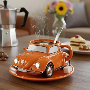 Creative Volkswagen Beetle shaped coffee mug with saucer and spoon in vibrant orange color.
