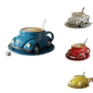 Creative Volkswagen beetle shape ceramic coffee mug with saucer and spoon, cute design.