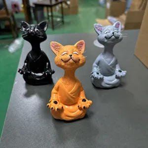 Resin meditating cat figurine set, cute cartoon animal sculpture for desktop home decor and garden.