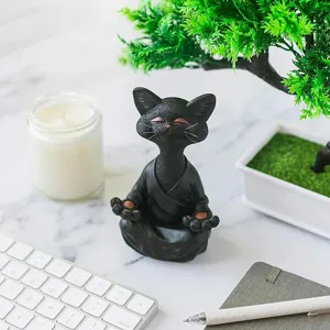 Cute meditating black cat resin figurine desktop ornament for home decor and garden design.