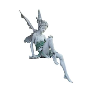 Resin fairy garden statue with butterfly wings, sitting sculpture for outdoor patio decor.