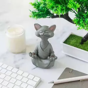 Resin Meditating Cat Figurine Cute Zen Cat Desktop Ornament Feng Shui Lucky Sculpture Home Garden Office Decor Gift
