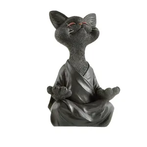 Resin meditation cat figurine for desktop decor, cute Zen black cat sculpture praying statue.