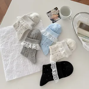 Cute Japanese style women ruffle lace mesh short socks with polka dots for spring summer