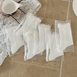 Style coréen doux blanc dentelle nœud chaussettes mi-mollet printemps été mince mignon
