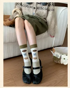 Cream split-toe socks for women, cute cartoon puppy pattern mid-calf cotton hosiery.