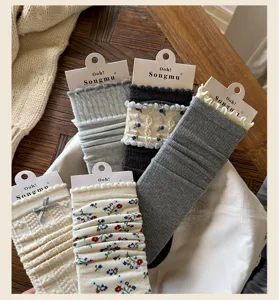 Koreanische süße Blumen Wadenstrümpfe Set vintage Schleife Rüschen Stoffsocken für Damen