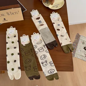 Women's Cute Cartoon Dog Tabi Socks Cream Polka Dot Striped Bow Crew Split Toe Socks Cotton Breathable Kawaii Fashion Crew Socks