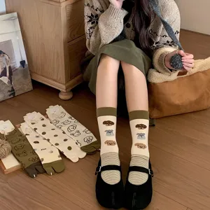 Women's cute puppy split toe mid-calf socks with polka dots and stripes, cozy daily wear.