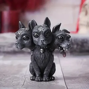 Halloween driekoppige zwarte kat hars beeldje gotisch magisch mystiek tafeldecoratie