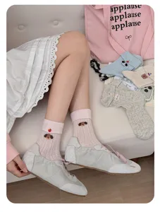 Sweet Japanese style cute cartoon dog embroidered mid-calf socks for women, soft breathable pink.