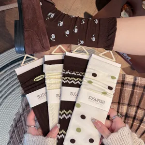 Calze marroni donna stile giapponese fiori calzini al polpaccio autunno inverno pois retro calze