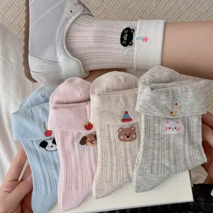 Women's Summer Thin Mesh Breathable Mid-Tube Socks Japanese Cute Cartoon Animal Embroidery Folded Stacked Socks