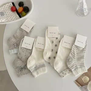 Chaussettes Courtes Rayées à Pois avec Nœud Doux pour Femmes Chaussettes de Cheville en Mélange de Coton Style Japonais