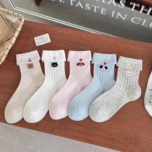 Cute Japanese style cartoon embroidered animal cuffed mid-tube socks for women summer.