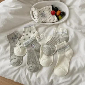 Joli ensemble de chaussettes courtes pour femmes style japonais nœuds pois rayures coton