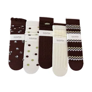 Set calze al polpaccio marrone caffè donna fiori dolci pois autunno inverno calze impilabili