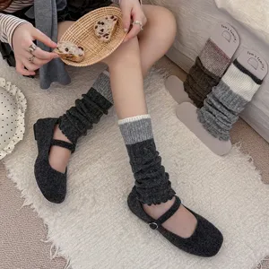 Women Winter Warm Knitted Leg Warmers Contrast Color Wide Stripe Lettuce Edge Wool Blend Slouch Socks Fashion Accessories