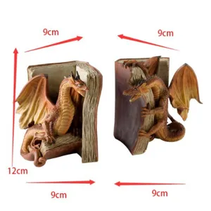 Resin dragon bookends set, fantasy mythical creature book supports for home office shelf decor.