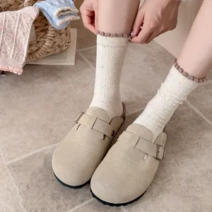 Korean style flecked yarn women mid tube socks autumn winter cable knit cozy casual hosiery