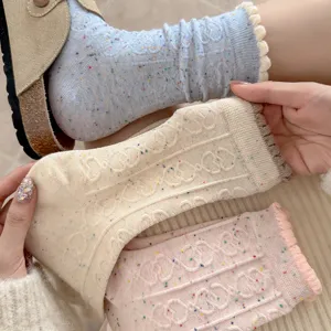 Korean style speckle yarn women socks autumn winter cute lace ruffle mid tube fashion hosiery