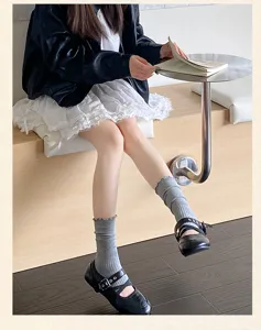 Women solid color ribbed mid-calf socks with lettuce edge sweet daily versatile cute hosiery apparel