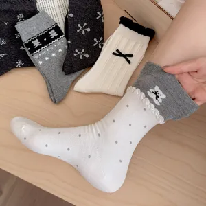 Cute Korean style women's mid-calf socks with sweet bow and lovely bear embroidery design.