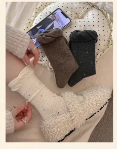 Women sweet cute polka dot bubble cuff mid-calf socks cozy soft knitted stacked socks