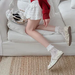 Women Japanese cute polka dot mesh sheer socks with lace trim summer breathable short socks
